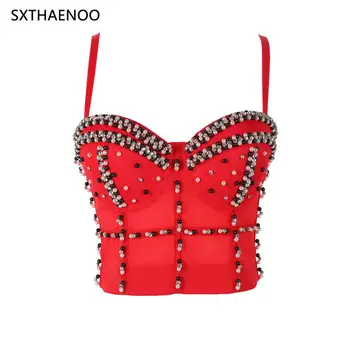 

SXTHAENOO Women's Rhinestone Crop Top Sexy Backless Strap Beaded Red Corset Festival Night Club Party Wedding Camis