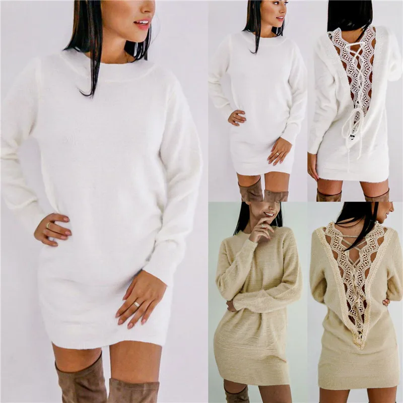 Women Winter Pullover Dresses 2020 Sexy Hollow out White Dress Long Sleeve Loose Soft Sweater Knit Dress femme robe vestidos