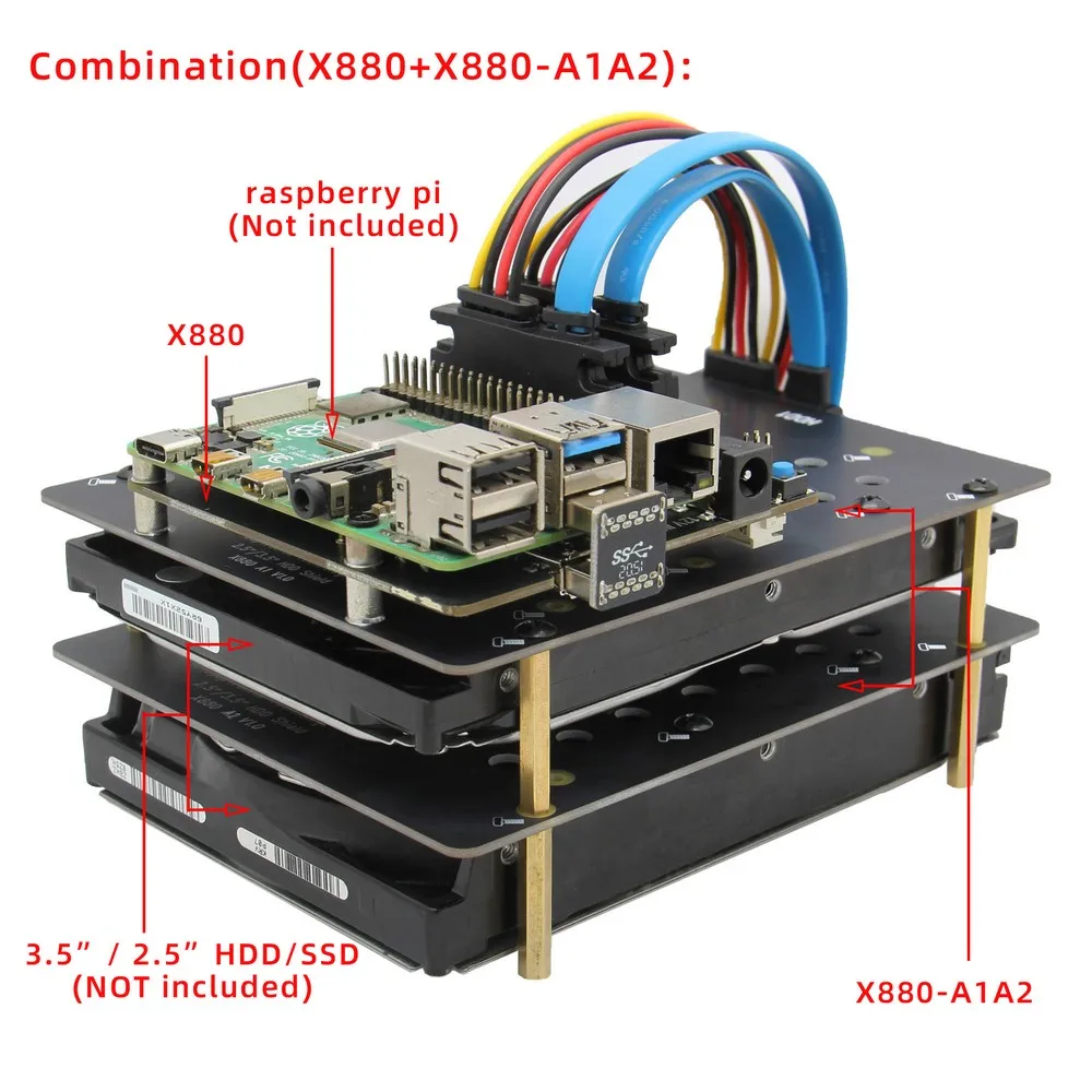 Pi 4 model B X880 V1.1 Dual SATA Gen3 HDD Shield, 2.5"/ 3.5"SATA HDD/SSD Storage Expansion Board Raspberry Pi4B