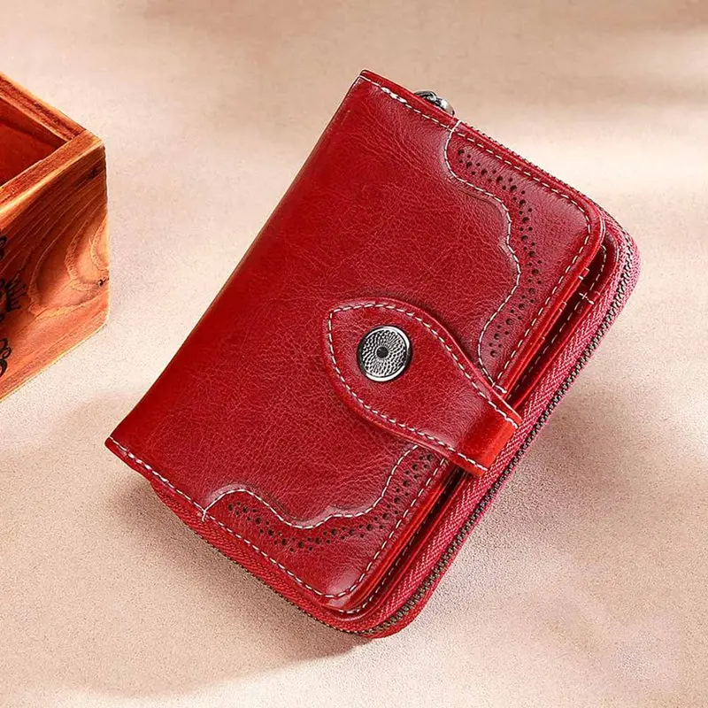 Red 1 PC Oil Wax Leather Wallet Women Lady Vintage Short Two Fold Zipper Wallet Girls FashionCredit Card Holder Purse Clutch Wallet - Color: Red