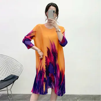 

LANMREM 2020 New Spring Round Collar Print Colorblock Mid-length Dress Women Loose Office Lady A-line Pleated Dress Tide PD645
