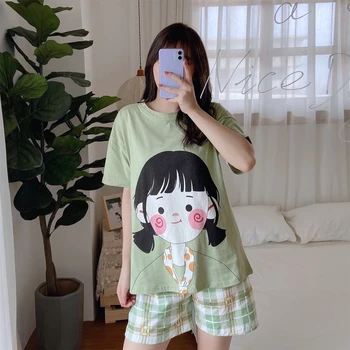 

Caiyier 2020 Summer Girl Short Sleeve Pajamas Set Women Cotton Nightwear Cute Cartoon Casual Sleepwear Ladies Homewear M-XXL