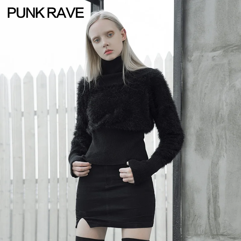 PUNK RAVE Girl Temperament Sweater Female Short Design Slim High Collar Pullover Autumn and Winter Black Sweaters