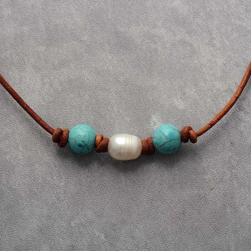 Natural Freshwater Pearl Turquoises Leather Choker Necklace Women Bohemia Charm Beaded Vintage Necklace OL Jewelry - Image 2