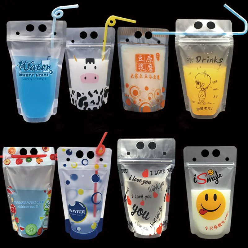 100pcs Transparent ziplock plastic stand up bag juice drink milk tea coffee packages with handle kitchen organizer sealing pouch