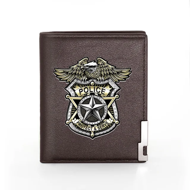 Fashion Security Officer Police Badge Printing Men's Wallet  Leather Purse For Men Credit Card Holder Short Male Slim Money Bags BG419-Brown