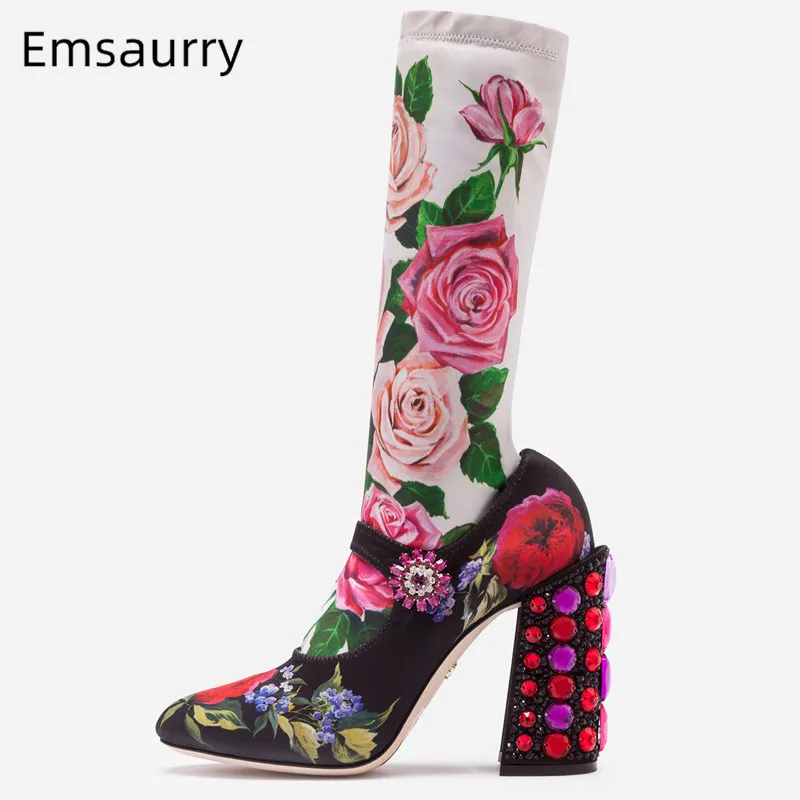 

Rose Print Woman Boots Round Toe Slim Mid Calf Botas Chunky Square High Heel Decor Crystal Party Shoes 2020 Fall Winter New Boot