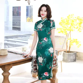 

Shanghai Story Short Sleeve Chinese Traditional Dress Faux Silk Cheongsam Knee Length Floral Qipao with Lining