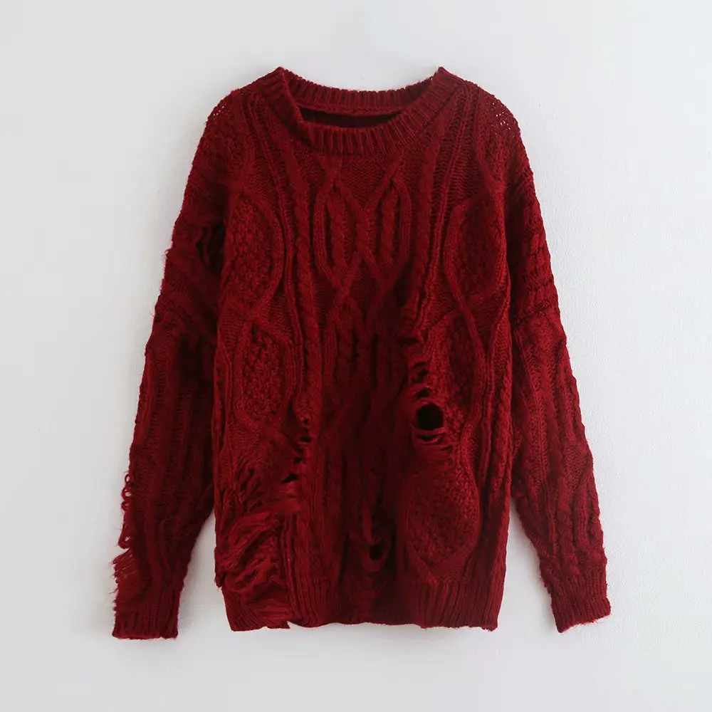 Осенне-зимний женский модный свитер с петельками, женские вязаные повседневные свободные свитера, шикарные топы S083
