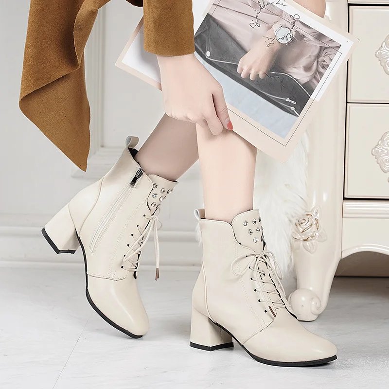 

Martin Boots British Style WOMEN'S High Heels 2019 Autumn And Winter plus Velvet Chunky-Heel Square Head Leather Boot Fashion Bl