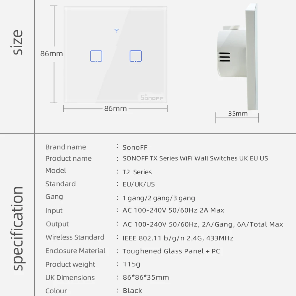 Интеллектуальный выключатель света SONOFF T2 ЕС/Великобритании партии 1/2/3 Wi-Fi настенный Панель розетка для управления светом 433 МГц RF/сенсорный экран/eWelink Беспроводной дистанционного Управление Google Home Alexa