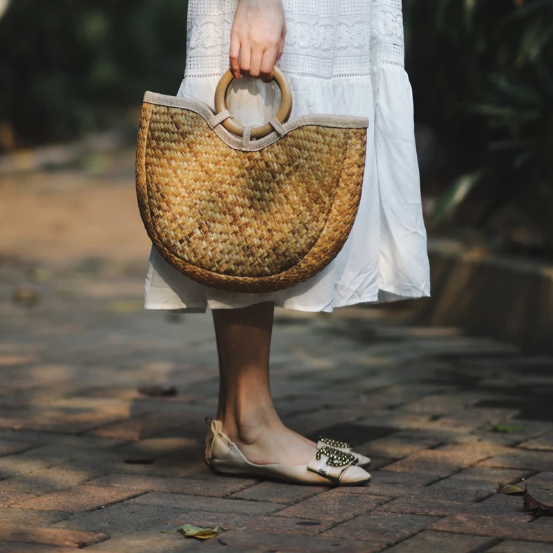 Женская соломенная сумка ручной работы с деревянной ручкой пляжная для отдыха |