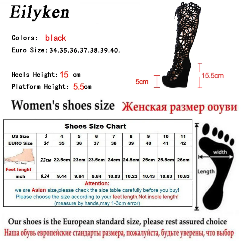 Eilyken/осенние женские ботинки на танкетке модные ботинки с перекрестной шнуровкой на высоком каблуке с открытым носком на молнии Женская обувь до колена черного цвета
