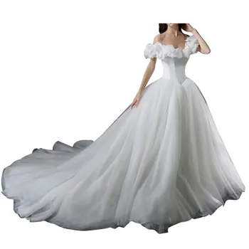 

Elegant Ruffled Tulle Off-Shoulder Backless Prom Ball Gown Church Train Pleated Evening Formal Party Dress White