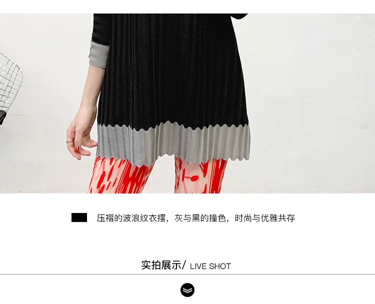 Miyake плиссированная черная футболка с круглым вырезом и рукавом три четверти, женские топы, Повседневная рубашка размера плюс, новинка, осенняя женская мода