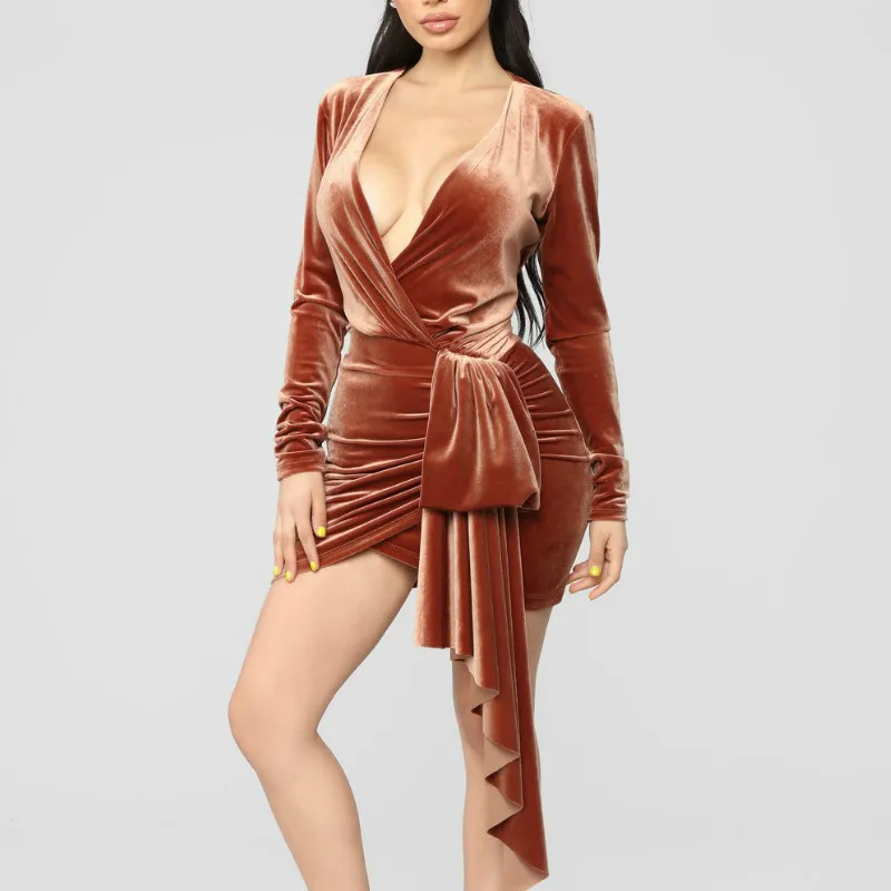 Women Velvel Long Sleeves Dress Slim with Waist Belt Wrap Mini Dresses Deep V Neck Bodycon Femme Robes Elastic Autumn Fashion | Женская
