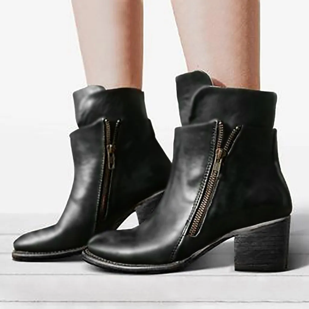 

2019 Shoes Women Comfortable Round Toe Boots Thick Heel Zipper Casual Shoes Black Elegant Ankle Boots Ladies Chaussures Femme