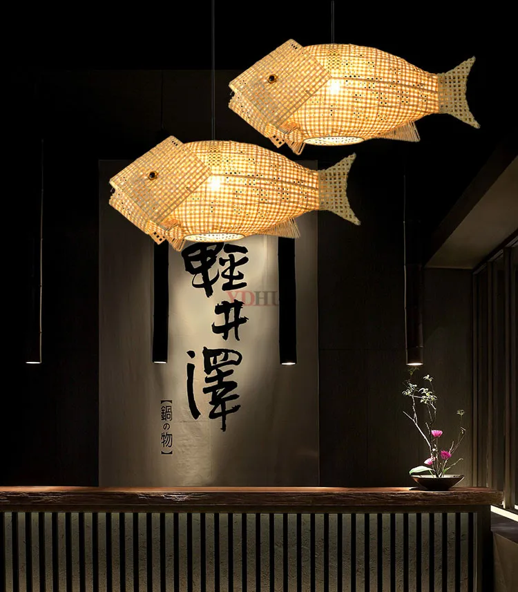 Подвесной светильник из натурального бамбука, плетеного ротанга, рыбы, светильник в стиле АР-деко, подвесной потолочный светильник, дизайнерский светильник для обеденного стола