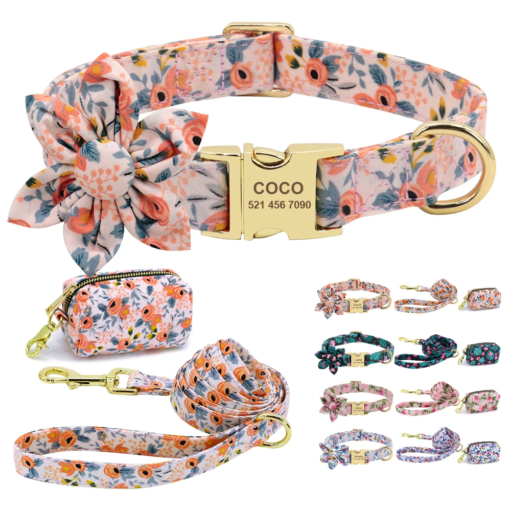 Nylon Personalized Dog Collar Leash Poop Bag Set Customized Dog Id