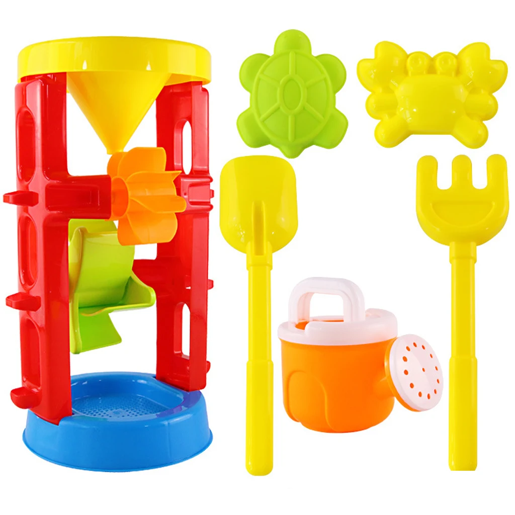 6pcs Beach Sand Toys Set - Water Wheel, Water Can, Shovel, Rake and Sand Molds - Kids Summer Garden Lawn Outdoor Toy Gift