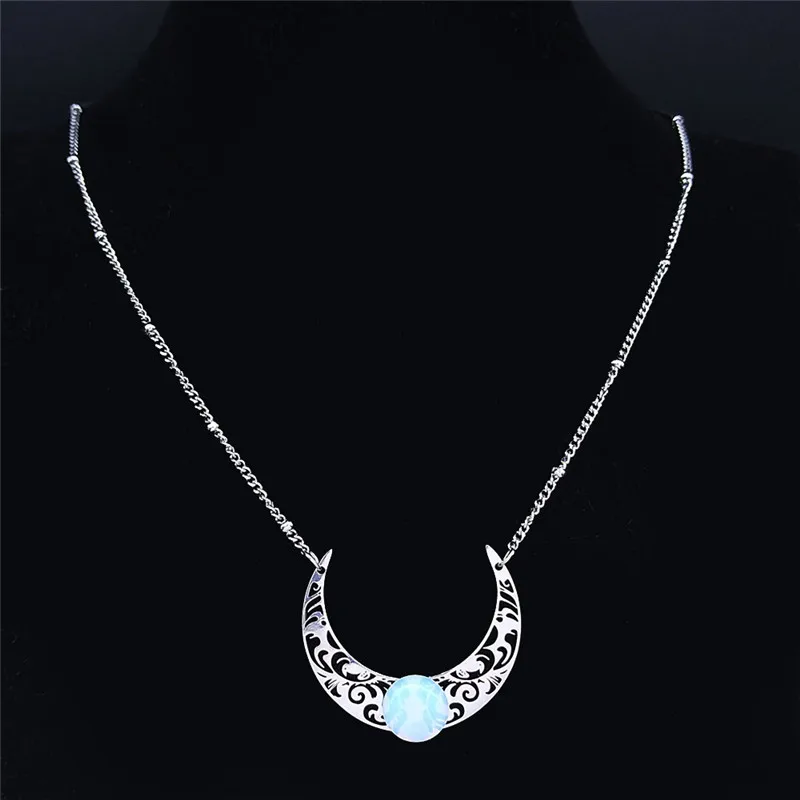 2020 Moon Moonstone Stainless Steel Chain Necklace Women Silver Color Pendants Necklaces Boho Jewelry bijoux femme N1129S04