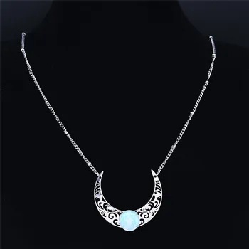 2020 Moon Moonstone Stainless Steel Chain Necklace Women Silver Color Pendants Necklaces Boho Jewelry bijoux femme N1129S04