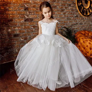 

Amaya A-line Ivory Lace Flower Girl Dresses Off Shoulder Appliques Prom Dress Pearls Beadings Holy Communion Gowns Vestidos