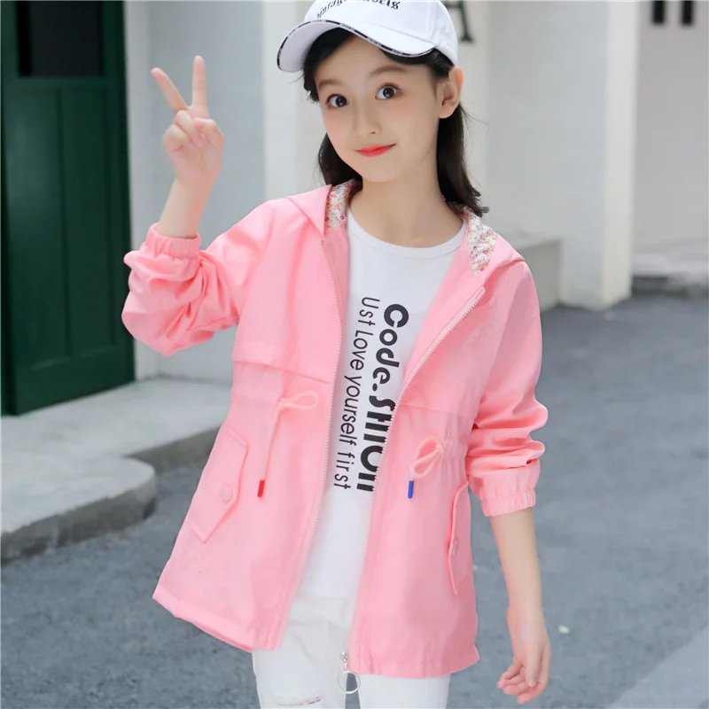 pink 1 Одежда для девочек г. Осенняя Новая тонкая детская одежда розовая/синяя ветровка для девочек, зимнее пальто с капюшоном для девочек - Цвет: pink 1