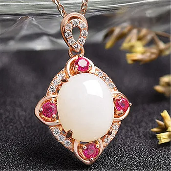 

Vintage fashion white jade zircon diamonds gemstones pendant necklaces for women 18k rose gold color jewelry bijoux gifts