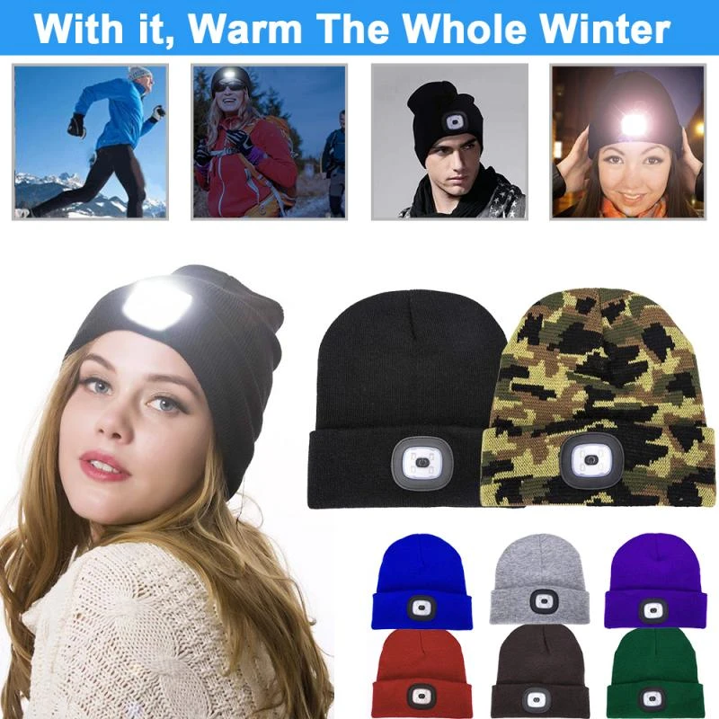 Unisex 4 LED Light Hat Button Battery Type Hands Free Flashlight Cap LED Beanies Knit Hat Keep Warm For Climbing Fishing Outdoor skullies men