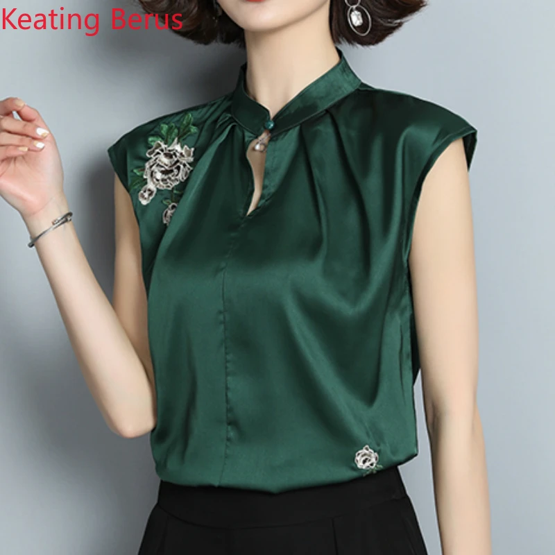 

Keatingberus Fashion Women Tops and Blouses Blusas Mujer De Moda Ladies Tops Green Blouse Shirt Embroidery Stand Plus Size 1478