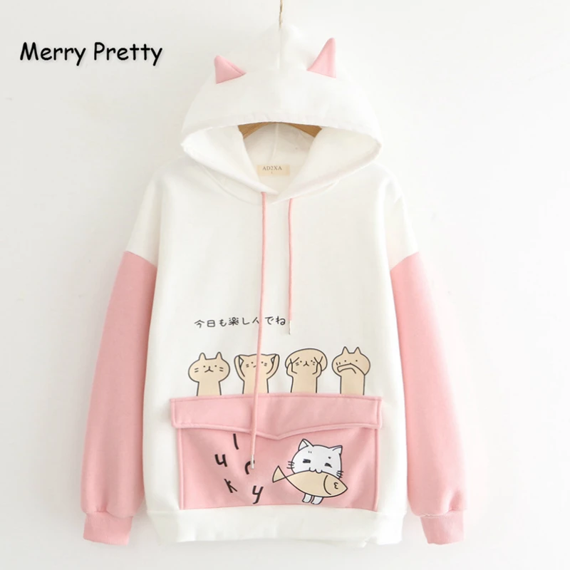 MERRY PRETTY женские Harajuku мультфильм печати толстовки кофты зима плюс бархат с капюшоном пуловеры с карманом спортивный костюм