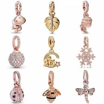 

Rose Gold Sparkling Mushrooms Stripes Queen Bee Acorn & Leaf Ladybird 925 Sterling Silver Beads Fit Bracelet DIY Jewelry