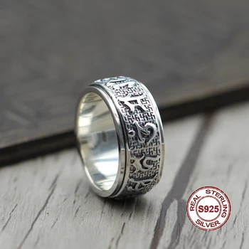 

S925 sterling silver ring Buddhist classic style Mantra can rotate personality ring A gift to friends and family