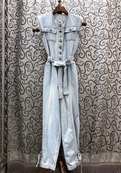 

2020 Spring and Summer New Women's Chest Symmetrical Pocket Buckle Decorative Lace-up Waist Hugging Denim Jumpsuit 621
