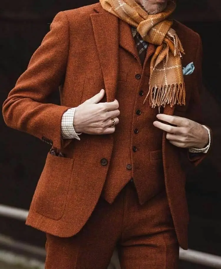 Vintage Men Suits Wool Blend Tweed Notch Lapel Tailored Costume Homme Tailor-Made 3 Pieces Blazer Coats Vest Pants Business Prom