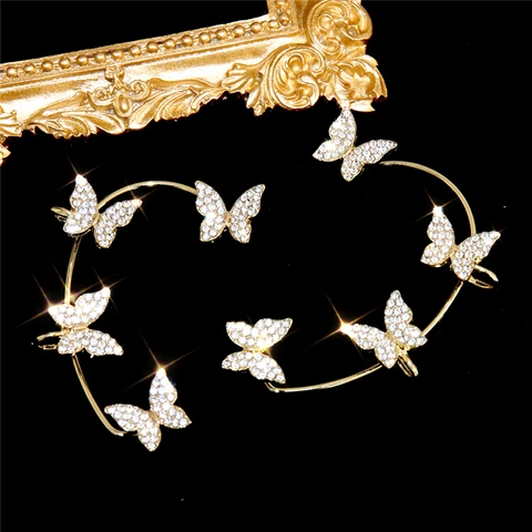 Silver Color Rhinestone Tassel Ear Clips Ear Cuff For Women Shiny Cubic Zirconia Butterfly Clip Earrings Wedding Jewelry