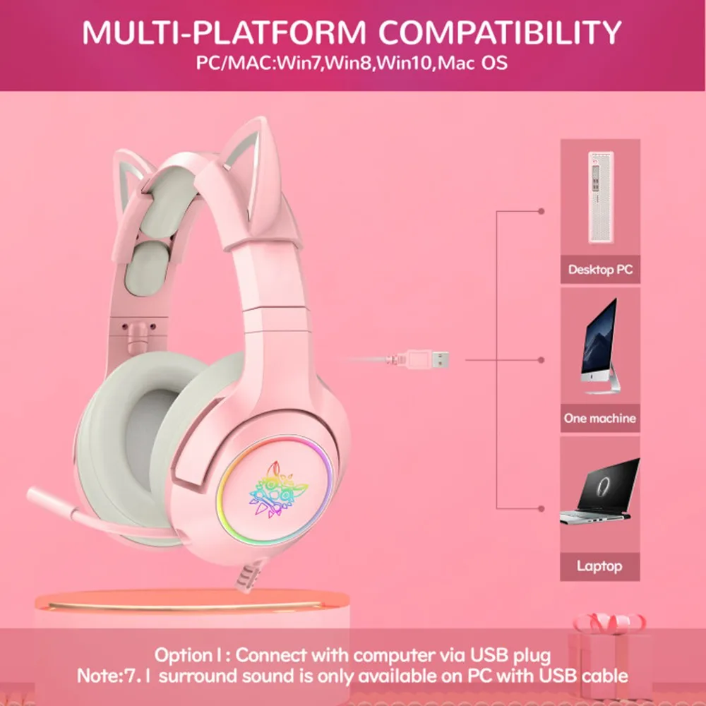 （Original Box）Onikuma K9 Pink Cute Cat Ear Headphone with Mic Gaming Headset and Noise Cancelling with Led Light