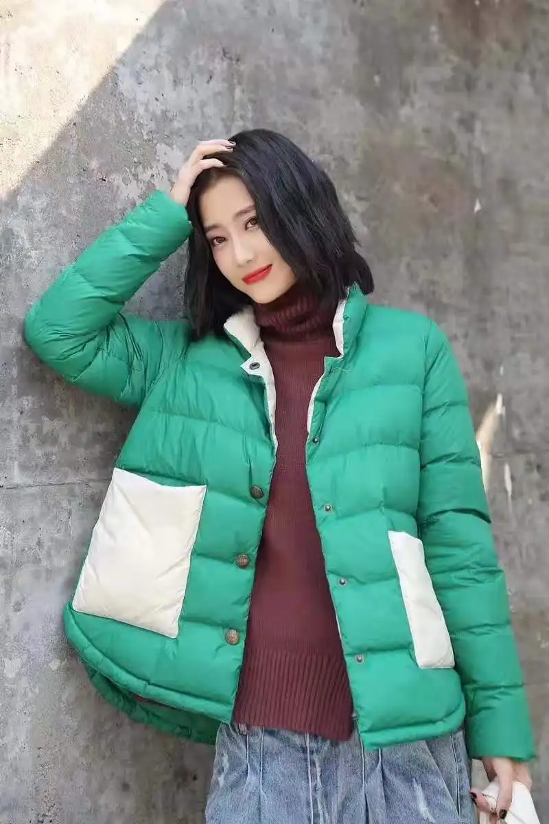 QPFJQD корейский стиль зимняя куртка для женщин стоячий воротник женский белый пуховик свободный женский s короткая парка Толстая теплая верхняя одежда осень - Цвет: Зеленый