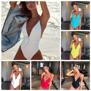 

Sexy Siamese Bikini Swimsuit Knotted Back Cross Beachwear For Women Solid Color Deep V Bathing Suit High Waist Summer Beach Wear