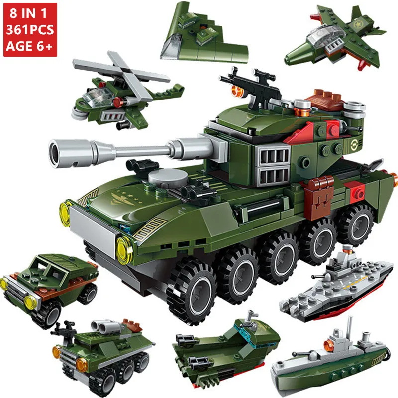 

8Pcs/lot Military Army Armored Car Weapon Gun Bricks Technic Brinquedos Building Blocks Playmobil Educational Toys for Children