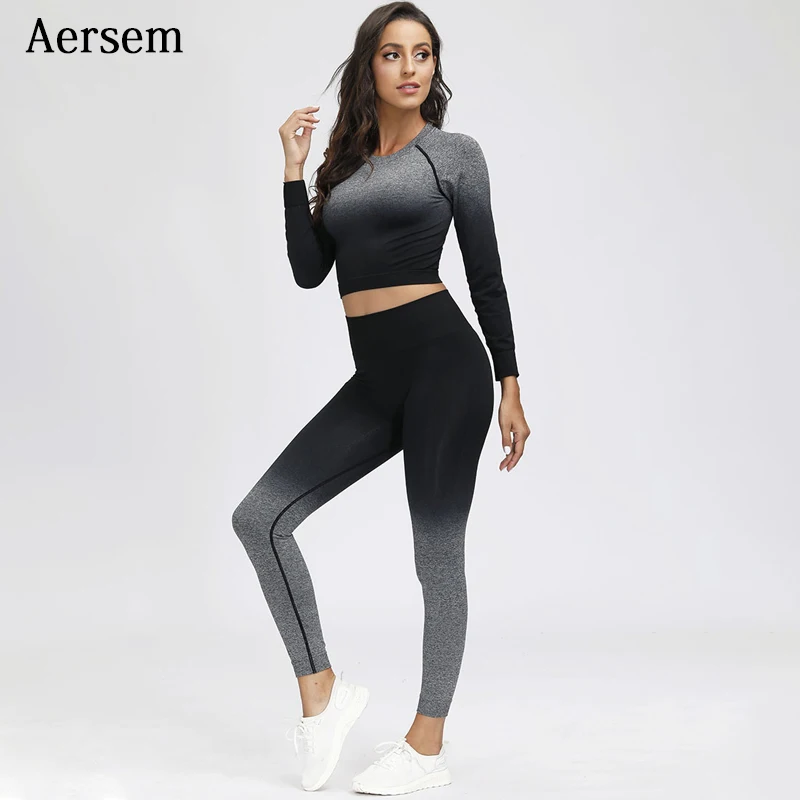 

Aersem Gym Sports Yoga Set Women Workout Clothes Seamless Long Sleeve Crop Top+Pants Hips Lifting Winter Sportswear Yoga Female