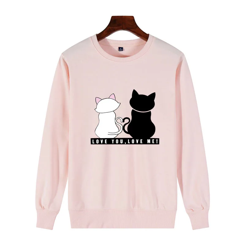 

Winter Pullover Sweatshirts Cotton Women Kawaii Cat Poleron Mujer 2019 Love you love me Vogue Cute Cat Print Femme Clothing