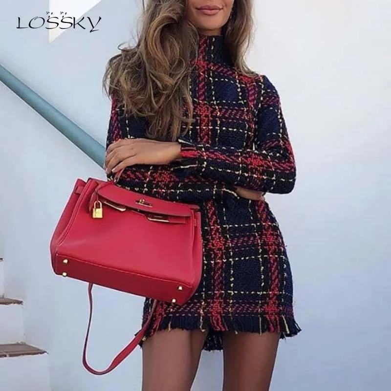 Lossky Sweater Dress Women Autumn Winter Plaid Long Sleeve Short Mini Ladies Thick Warm Clothes Dresses Vestido Elegant