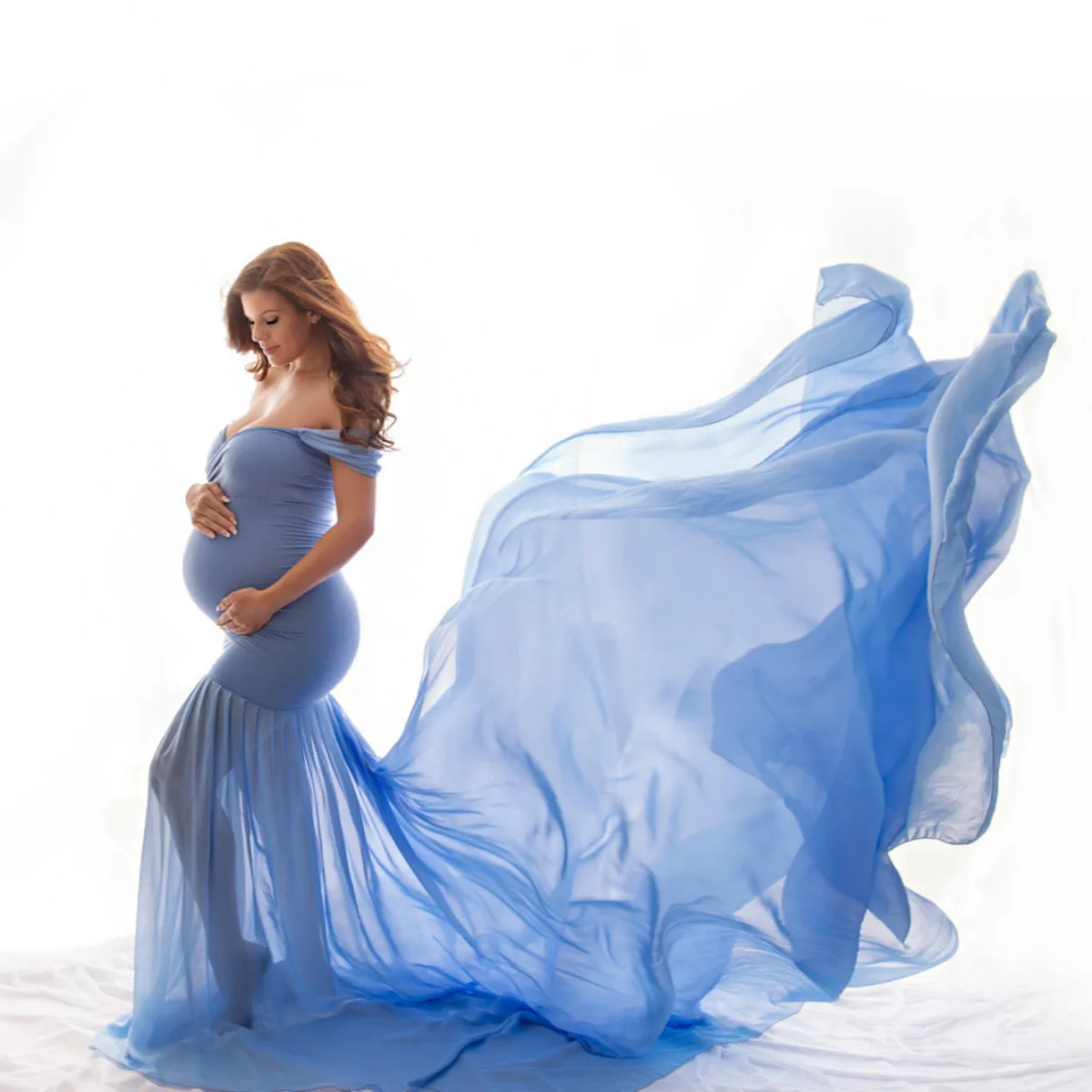 

Maternity photography props Pregnancy Cloth Cotton+Chiffon Maternity Off Shoulder Half Circle Gown shooting photo pregnant dress