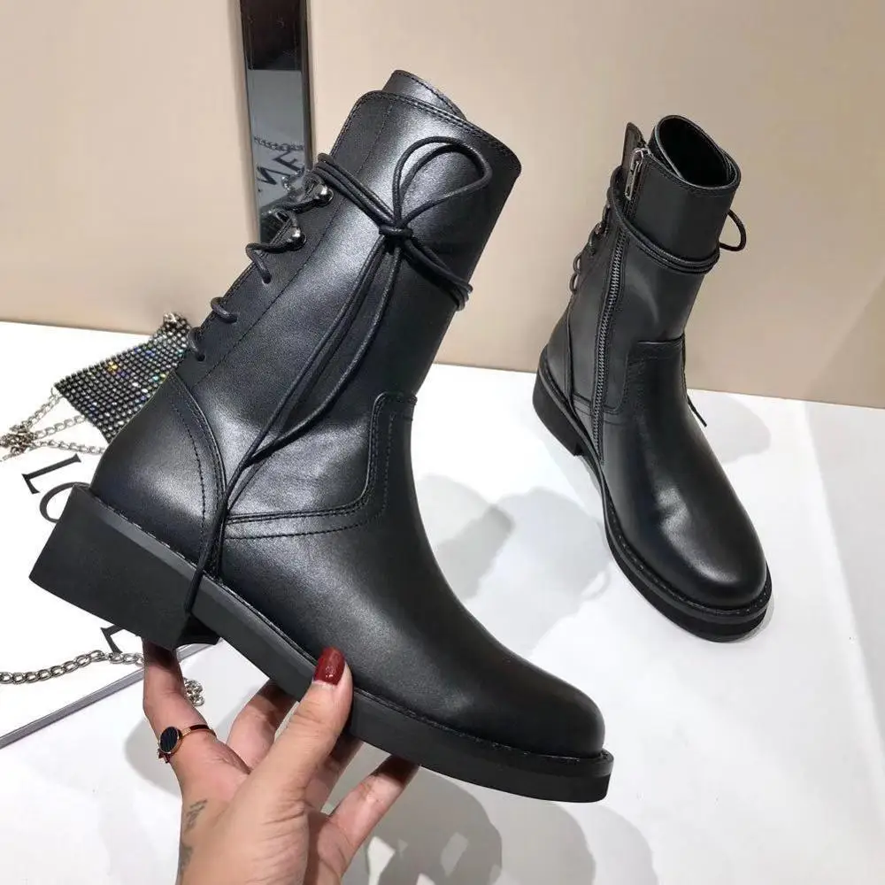 

Rear Strap Cow Leather Women Boots 2019 Autumn Classic Fashion Women High Heel Boots Black Round Toe Ankle Boots Shoes Woman