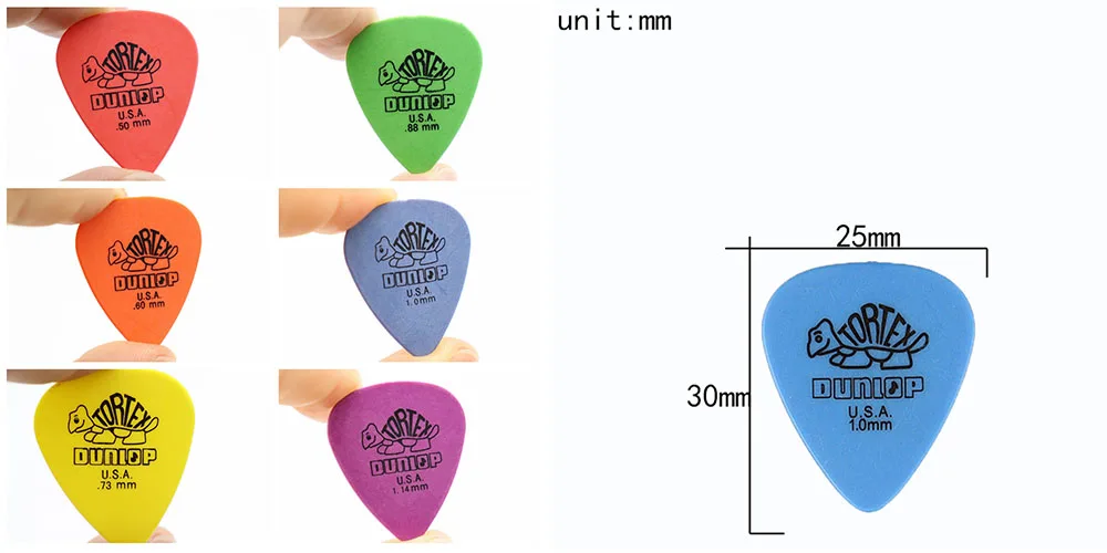 Description Picture 6 of item50pcs Dunlop Guitar Picks Electric Guitar Parts Plectrum Accessories 6 Kinds Thickness Pick With Box