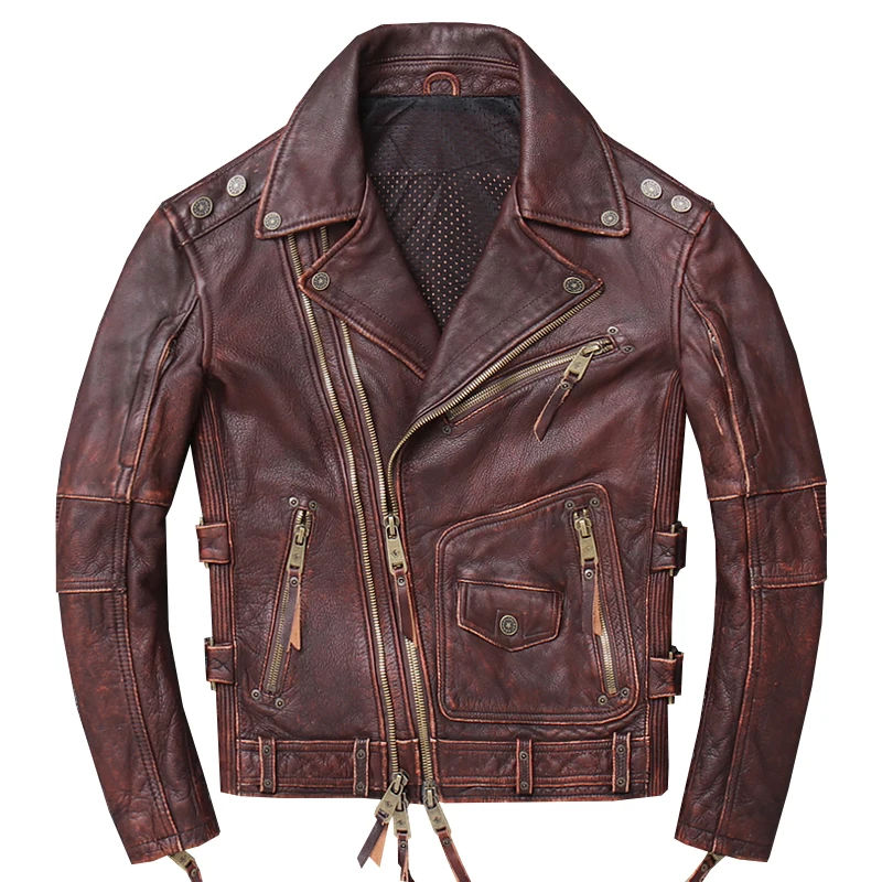 Винтажный коричневый американский стиль Мужская мотоциклетная кожаная куртка плюс размер 4XL Натуральная воловья тонкая байкерская куртка