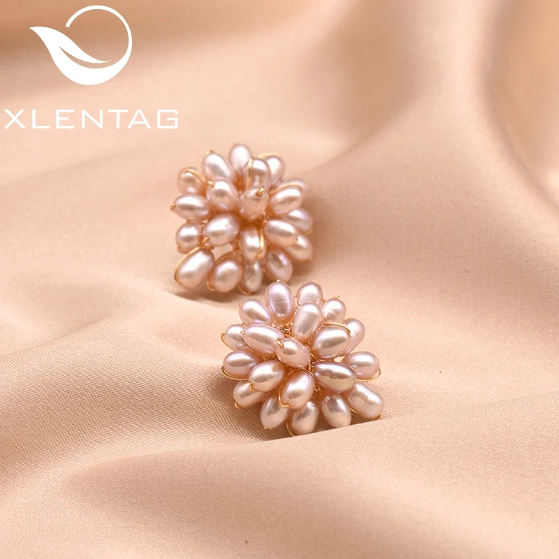 Серьги гвоздики XlentAg из натурального розового жемчуга для девочек ювелирные