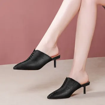 

MLJUESE 2020 women slippers Soft horsehair Rome style summer pointed toe black color thin heel sandals party dress wedding